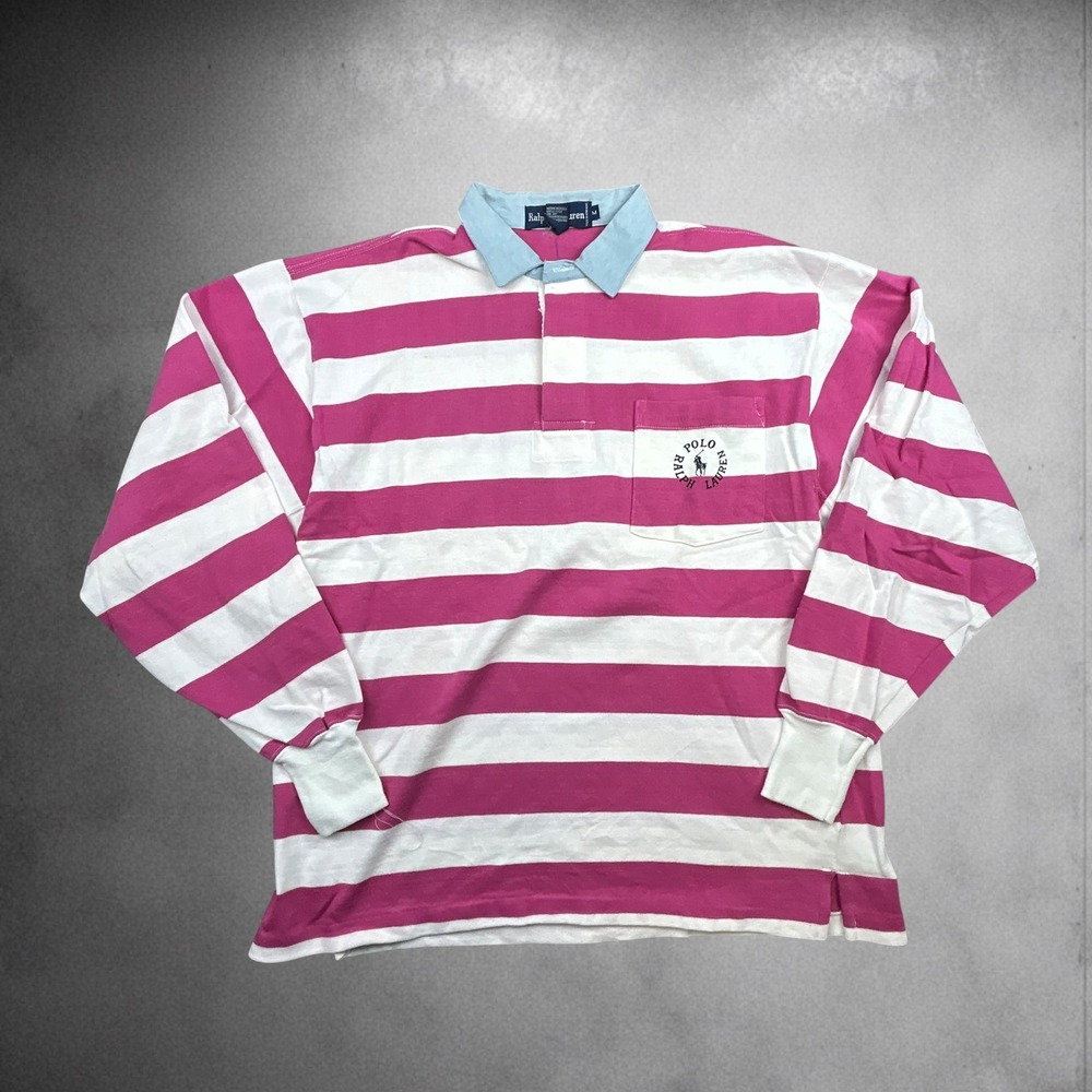 Vintage Ralph Lauren Pink Stripe Rugby Shirt Mens Medium Y2K Boxy Long Sleeve